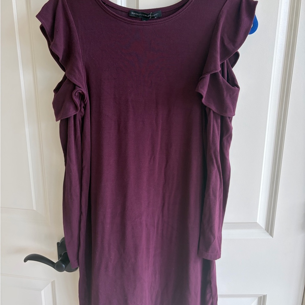 White House Black Market Long-Sleeve Ruffle Cold Shoulder Dress Cabernet Sz SP - Picture 4 of 13